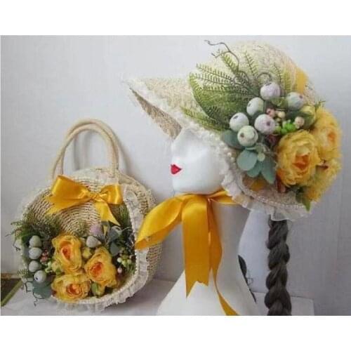 Round Straw Beach Bag for Women Fashion Handmade Flowers Woven Shoulder Bag Circle Rattan Totes with Garland Ribbon Sun Hat