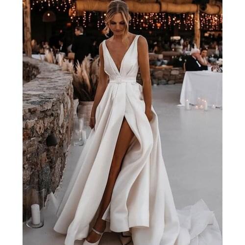 Wedding Dresses High Split Boho V-Neck Open Back Elastic Wedding Gown Simple Long Train Buttons Bridal Dress