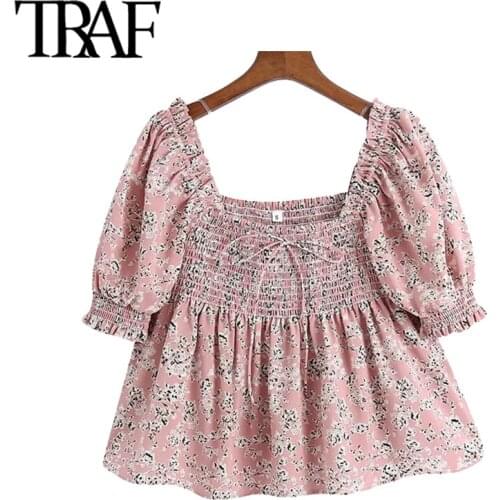 TRAF Women Fashion With Tied Smocked Printed Crop Blouses Vintage Square Collar Puff Sleeve Female Shirts Chic Tops