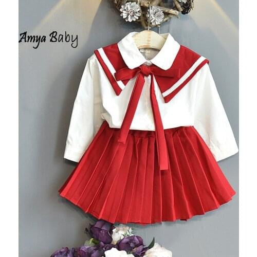 Amya Baby Girls Boutique Outfits 2021 Fall Long Sleeve Blouse + Pleated Skirt Two Piece Birthday Fashion Kids Clothing Sets