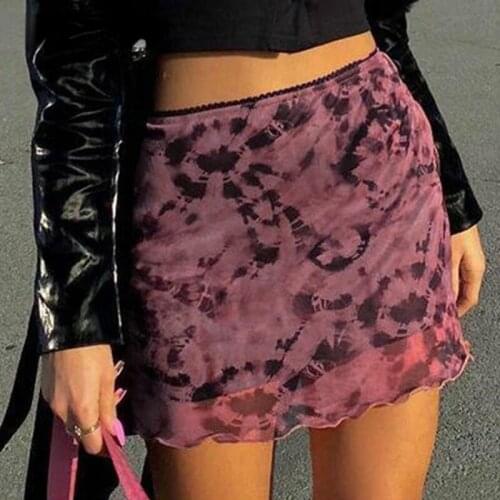 Slim Mini Skirt Womens 2021 Casual Tie-Dyed Print High Waisted Mesh Pencil Skirts Streetwear Fashion Patchwork All-Match