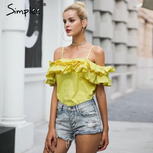 Simplee Backless ruffle cold shoulder camisole tank top Summer yellow crop top chemise femme Elegant sleeveless women tops cami