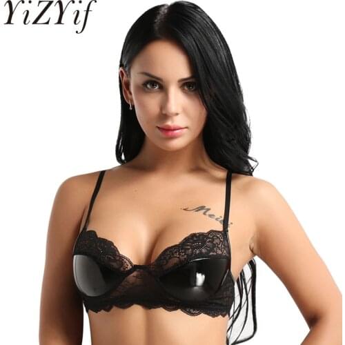 Women Bra Top Sexy Lingerie Adjustable Spaghetti Straps Exotic Nightwear Lace Faux Leather Wire-free Unlined Bra Clubwear Tops