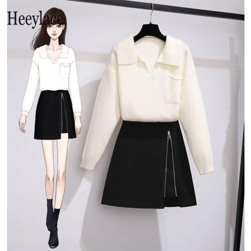 Women Korean Casual Knitted Long Sleeve Sweater And Midi Skirts Sets Autumn Winter Sweet Women Two Pieces Set Student Outfits