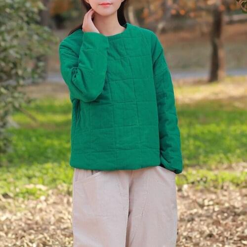 Johnature Women Pullover Parkas O-Neck Long Sleeve 2020 Winter New Thick Warm Tops 4 Color Loose Cotton Linen Women Parkas