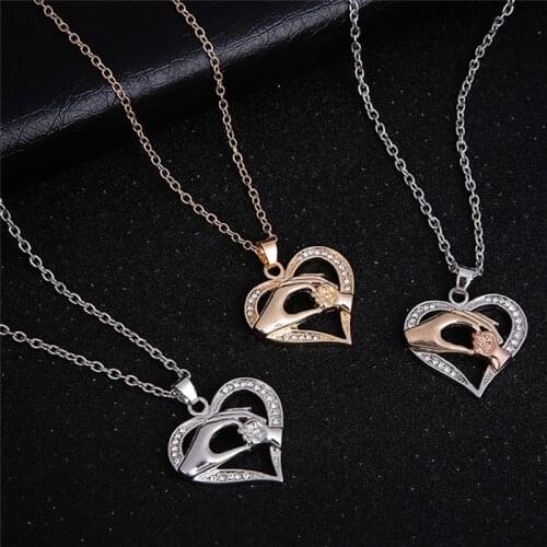 Mom Hold Babys Hand Gold/Silver Color Crystal Heart Necklace Women Mothers Gift Mother And Child Hands Pendant