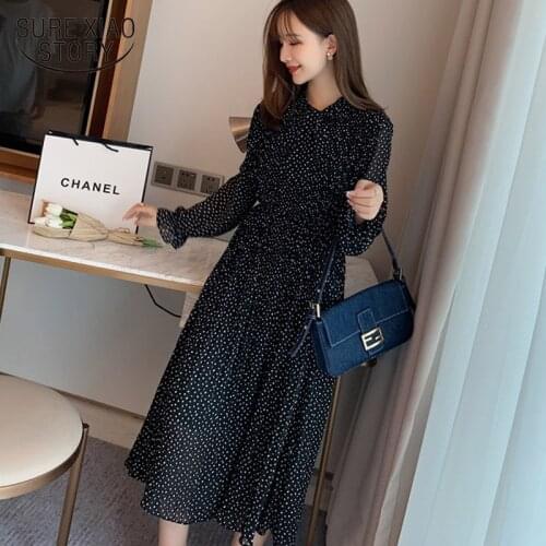 Pleated Dress Women Chifoon Dress Autumn and Winter 2021 New Fashion Dot Dress Flare Sleeve Long Sleeve Dresses Mid-calf 7157 50