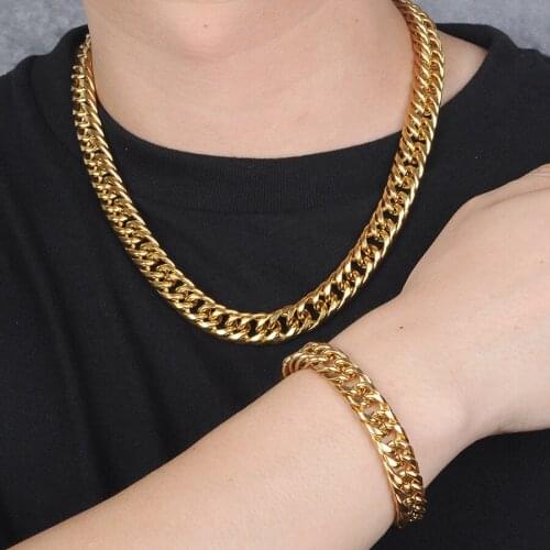 12mm Punk Stainless Steel Necklace for Men Women Curb Cuban Link Chain Chokers Vintage Black Gold Tone Metal Party Jewelry Gift