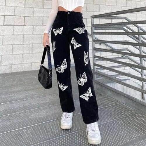 2021 Fashion Women Butterfly Print Denim Pants Jeans High Waist Straight Pants Trousers Female