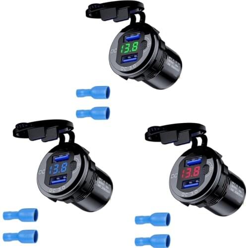 Quick Charge 3.0 36W Car Dual USB Charger QC3.0 Waterproof with Voltmeter Switch for 12V/24V Motorcycle ATV Boat Marine RV