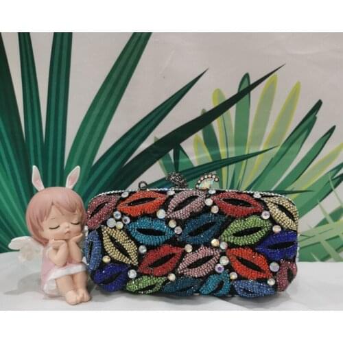 Black Metal Lips Pattern Colorful Crystal Prom Clutch Evening Bags Lady Gala Dinner Purses Female Diamond Wedding Bridal Handbag