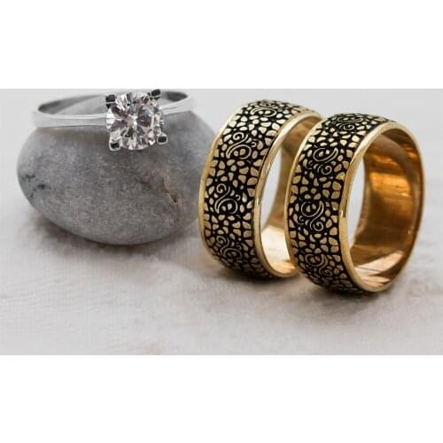 Dimming Motif Gold Color Double Silver Wedding Ring (Engagement Gift)