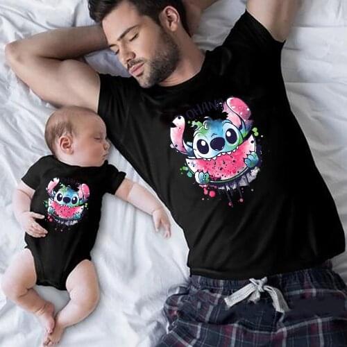 Disney Lilo Stitch T Shirt Children France Fashion Streetwear Father Son Same Clothes Black Baby Toddler Bodysuit Family Look