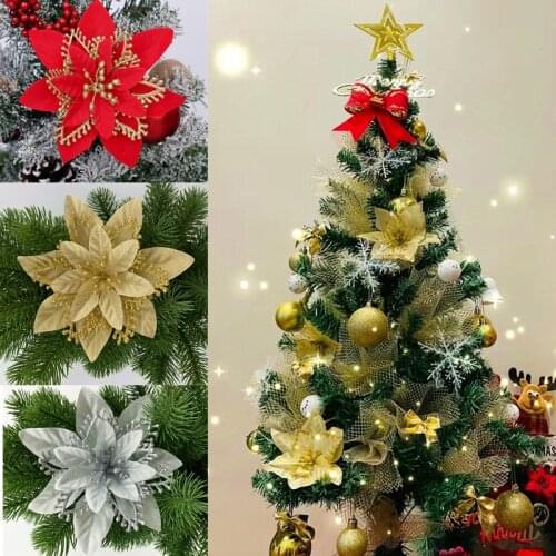 Artificial Christmas Flowers Glitter Fake Flower Merry Christmas Tree Decorations For Home 2021 Gift Xmas Ornament