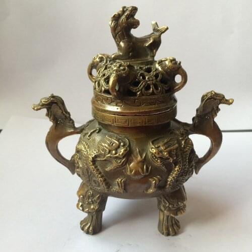 Chinese collection of ancient bronze brass home desk decoration dragon tiger incense burner metal crafts