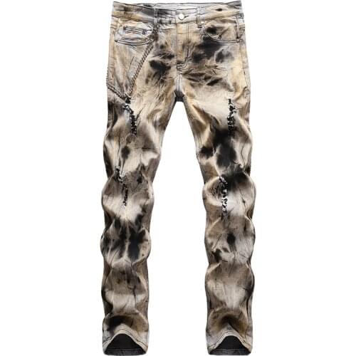 New Mens Male Vintage Tie and Dye Ripped Denim Jeans with Chain Trendy Streetwear Holes Slim Straight Pants trousers 1690
