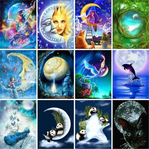 Huacan Diamond Mosaic Set For Embroidery Cross Moon 5D Diamond Art Painting Kits Landscape Handmade Gift Home Decoration