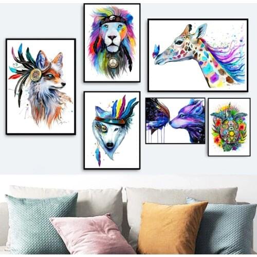 Lion Horse Giraffe Tiger Watercolor Canvas Painting Animals Wall Art Poster Prints HD Abstract Pictures for Living Room Decor