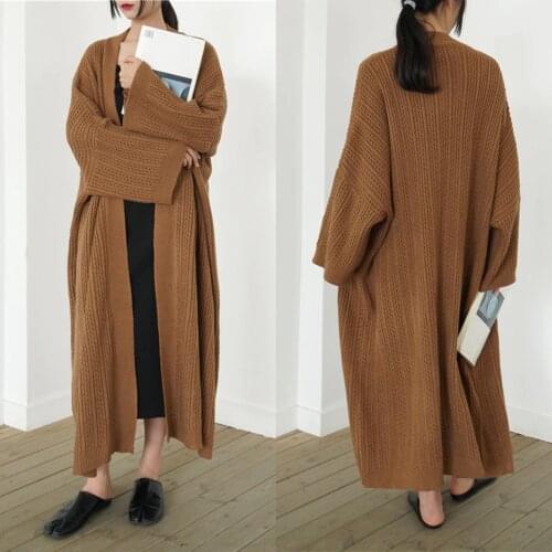 Retro Solid Color X-Long Cardigan Loose Knitted Sweater For Women Autumn Winter Oversize Outwear Plus Size Open Stitch Coat