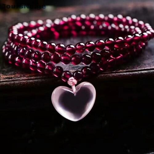 Wholesale Natural Garnet Stone Bracelets Wine Red Bead With Pink Heart pendant Bracelet for Women Crystal Multilayer Jewelry