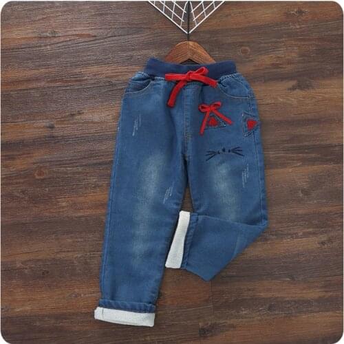 Korean Girl Childrens 16 Autumn Trousers Girl Baby Bow Embroidery Increase Down Jeans Warm Leisure Time Long Pants