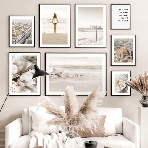 Beach Surf Girl Seaside Starfish Conch Peony Flower Wall Art Print Canvas Painting Nordic Poster Decor Pictures For Living Room