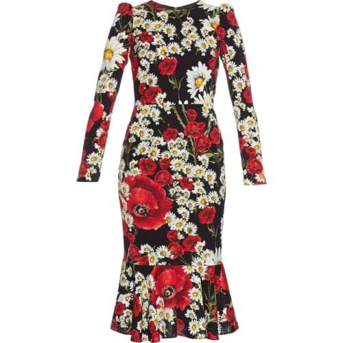 Customize Made Women Autumn New Fashion Plus Size 3XS-10XL Bodycon Retro Vintage Long Sleeve Floral Print Fishtail Mermaid Dress