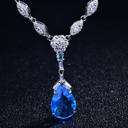 Vintage Luxury Necklace With Water Drop Blue Zircon Pendent 925 Silver Fine Jewelry For Women Wedding Party Anniversary Gift