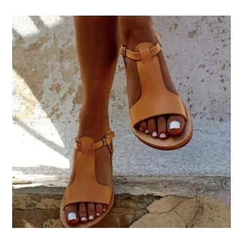 2020 New T-Strap Flat With Gladiator Sandals Women Flat Rome Sandals Solid Fashion Buckle Strap Big Size Summer Bohemian Shoes