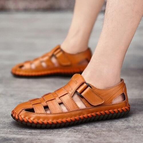 Mens Sandals Leather Men Beach Shoes Outdoor Summer Sport Slip on Sandals Comfort Breathable Fashion Slippers Handmade for Male