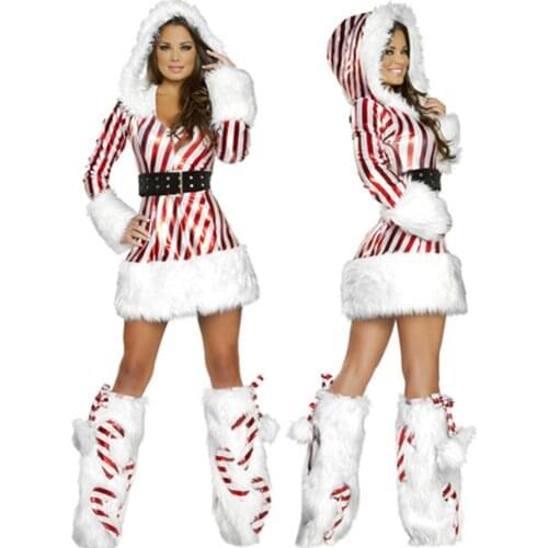 Sexy Striped Long Sleeve Santa Claus Uniform Cosplay Adults Ladies Xmas Party Costume Christmas Costume