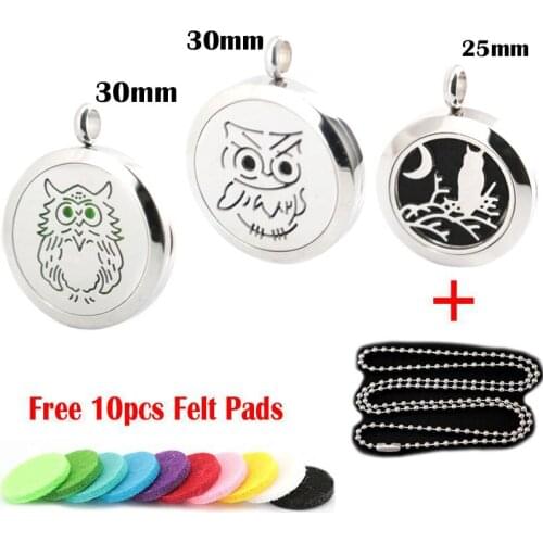 Silver Jewelry 25mm 30mm Owl Aromatherapy Essential Oil surgical Stainless Steel Necklace Pendant Perfume Diffuser Locket