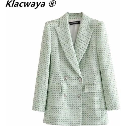 Klacwaya Za Women Textured Tweed Blazer Spring Autumn 2021Double Breased Elegant Chic Office Ladies Suit Jacket Fashion Coat