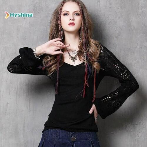 Womens New V-neck T-shirt Retro Hollow Long Sleeve Slim Irregular Sweater