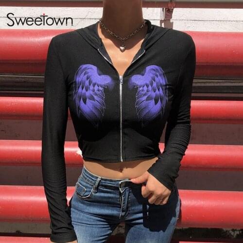 Sweetown Goth Printed Hoodies Women Zip Up Hooded Jacket Dark Academic Black E Girl Techwear Long Sleeve Casual Crop Sweatshirts