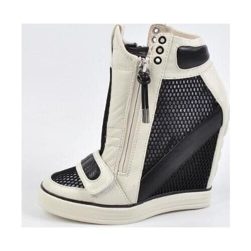 Hot Selling Black Mesh Height Increasing Ankle Boot Round Toe Hook Loop Leisure Shoes Side Zipper Casual Wedge Boots Woman