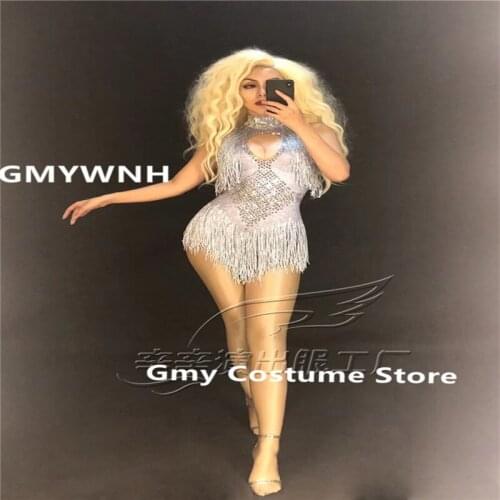 R92 Silver tassel female bodysuit dj ds gogo jumpsuit stage catwalk performance rave festival outfits dance costumes party club