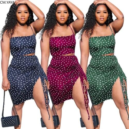 CM.YAYA Women Dot Two Piece Set Spaghetti Strap Crop Top High Split Stacked Skirts Suit Tracksuit Matching Set Bodycon Dress