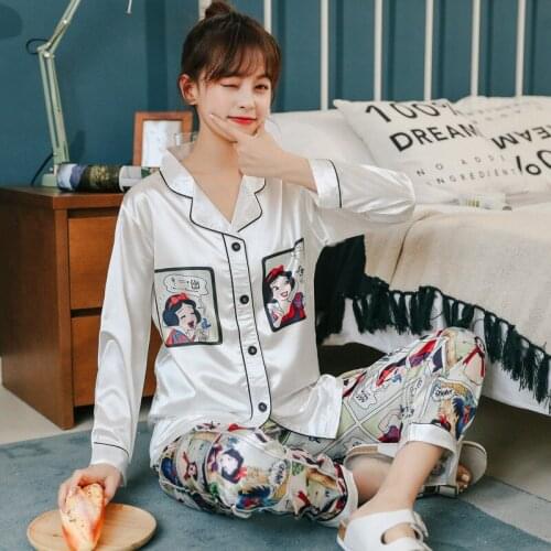 2020 Summer Autumn Silk Satin Comic Print Pajama Sets for Women Long Sleeve Sleepwear Suit Pyjamas Homewear Pijama Mujer Clothes