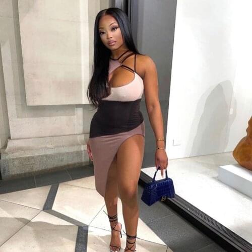 Women Close-fitting Slip Dress Apricot Variegated Color Sleeveless Hollow Out S/ M/ L/ XL/ XXL