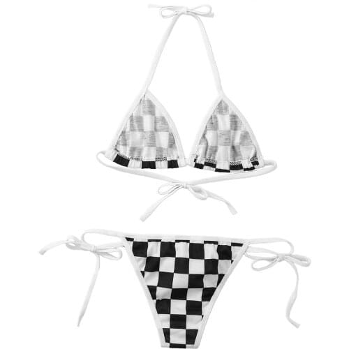 Women Sexy Lingerie Set Erotic Underwear Mini Bikini Stripe Mosaic Heart Print Tie-up Halter Bras Tops Micro G-string Swimsuit