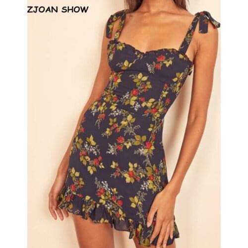 Summer France Style Vintage Grass Flower Print Bandage Tie Bow Strap Ruffles Hem Short Dress Retro Sexy Women Sling Summer