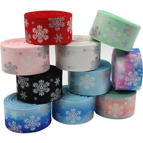 1-1/2'' (38mm) 10Yards Laser Silver Ink Snowflake Cartoon Printed Grosgrain Ribbon DIY Headdress Wedding Gift Wrap , L-20819-851