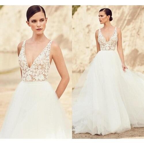 2021 Spaghetti Straps Lace Tulle Wedding Dresses Sexy See Through Boho Bridal Gowns Backless Beach Vestidos De Mariee