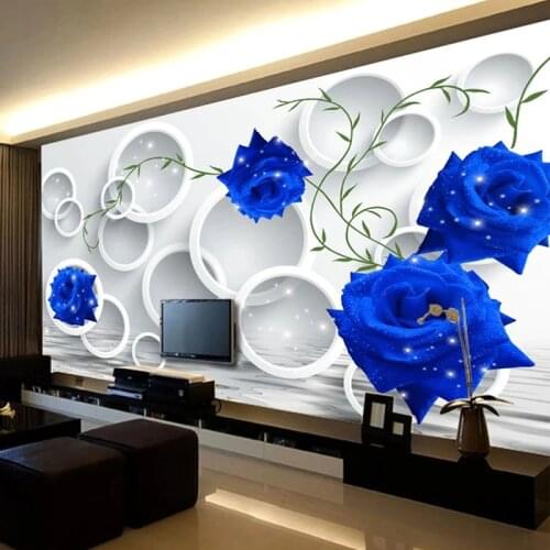 3D Stereo Circle Blue Roses Mural Wallpaper Living Room TV Sofa Bedroom Home Decor Background Painting Self-Adhesive 3D Stickers