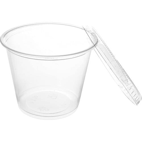 5.5 oz 100 Sets) Disposable Plastic Portion Cups with Lids, Condiment Cups, Jello Shot, Souffle Portion, Sampling Cups – Clear
