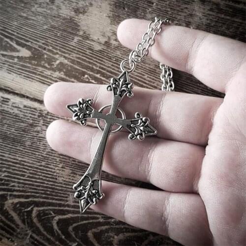 Large Detailed Silver Color Cross Pendant Necklace Gothic Jewellery Fashion Charm 2020 New Delicacy Beautiful Women Gift