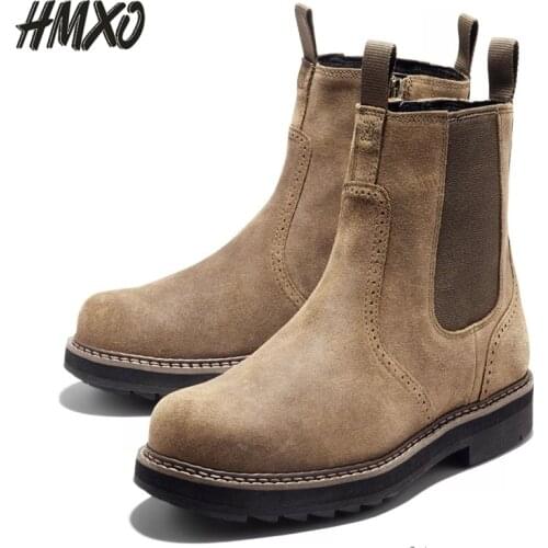 HMXO Wear-resistant Vegetable Tanned British Style Set Foot High-top Men Boots Casual Mens Shoes Black Chelsea Boots Men Boots