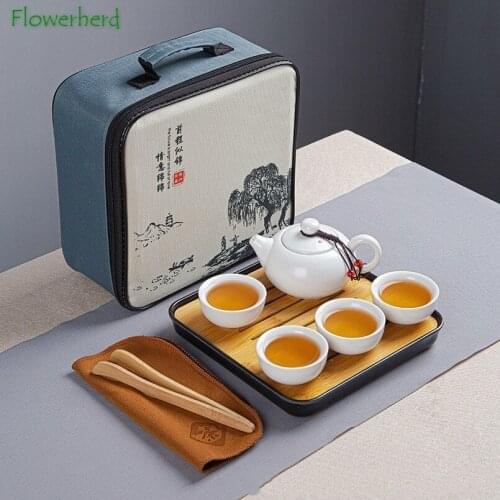 Ceramic Porcelain Kung Fu Tea Set Teaware Tea Pot and Cup Set Travel Tea Set One Pot Four Cups Portable Outdoor Teapot Teacup