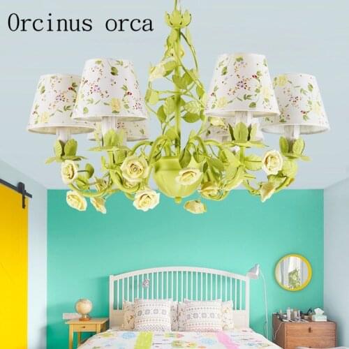 Korean garden green flower chandelier living room dining room bedroom creative fresh LED fabric Chandelier free shipping